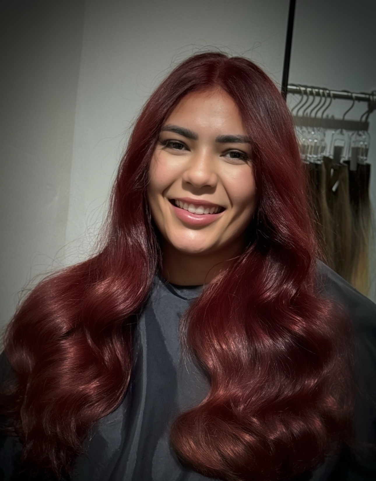 Cherry cola brunette: deep brunette melted into glossy cherry red