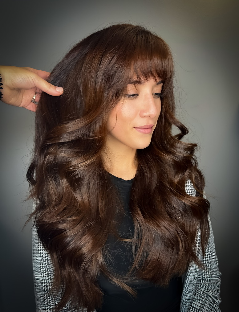 Mocha balayage: deep coffee brown melted into glossy chocolate lengths with a soft fringe