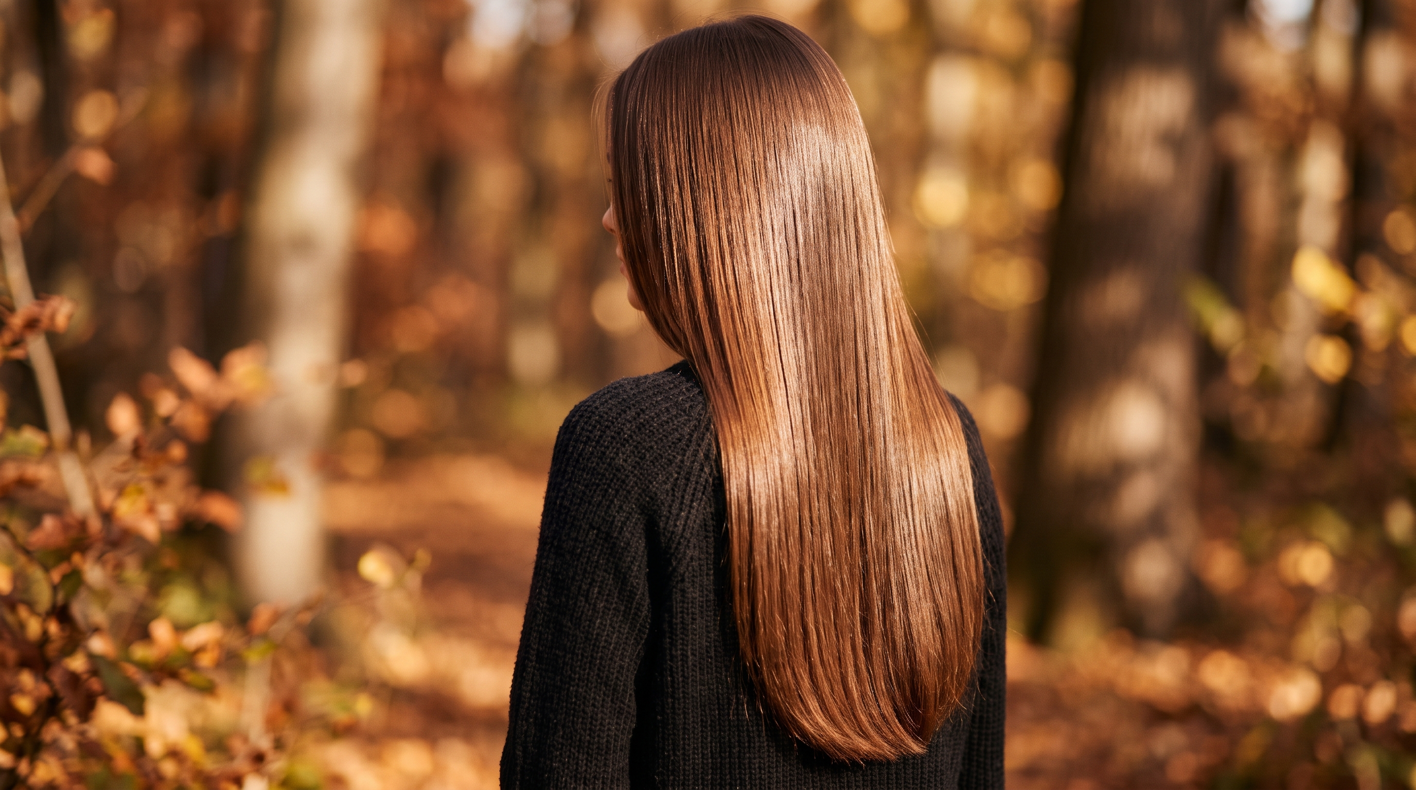 Long, smooth, glossy glass hair against an autumn background