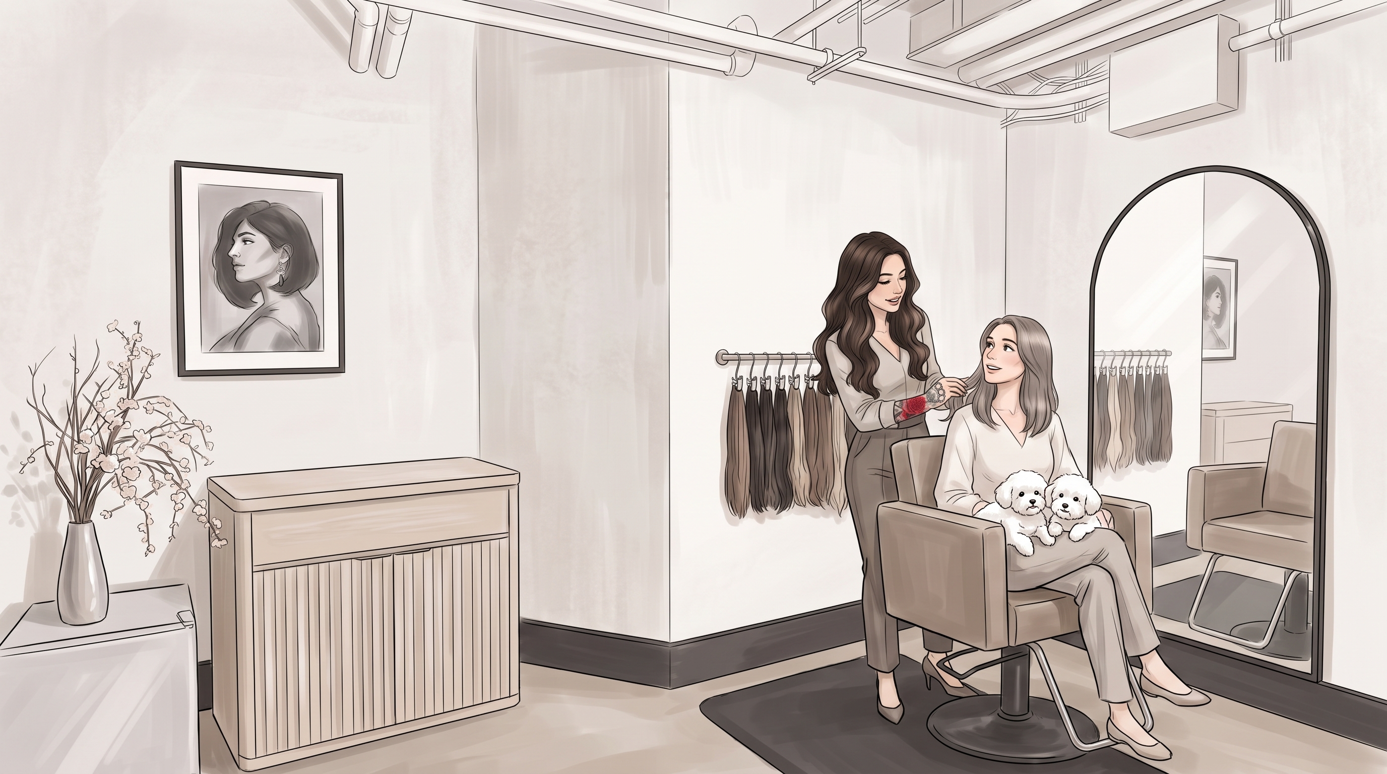 Illustration of the CRIS HAIR private studio, with Cris talking with a client in the chair while her two small white dogs rest on the client's lap