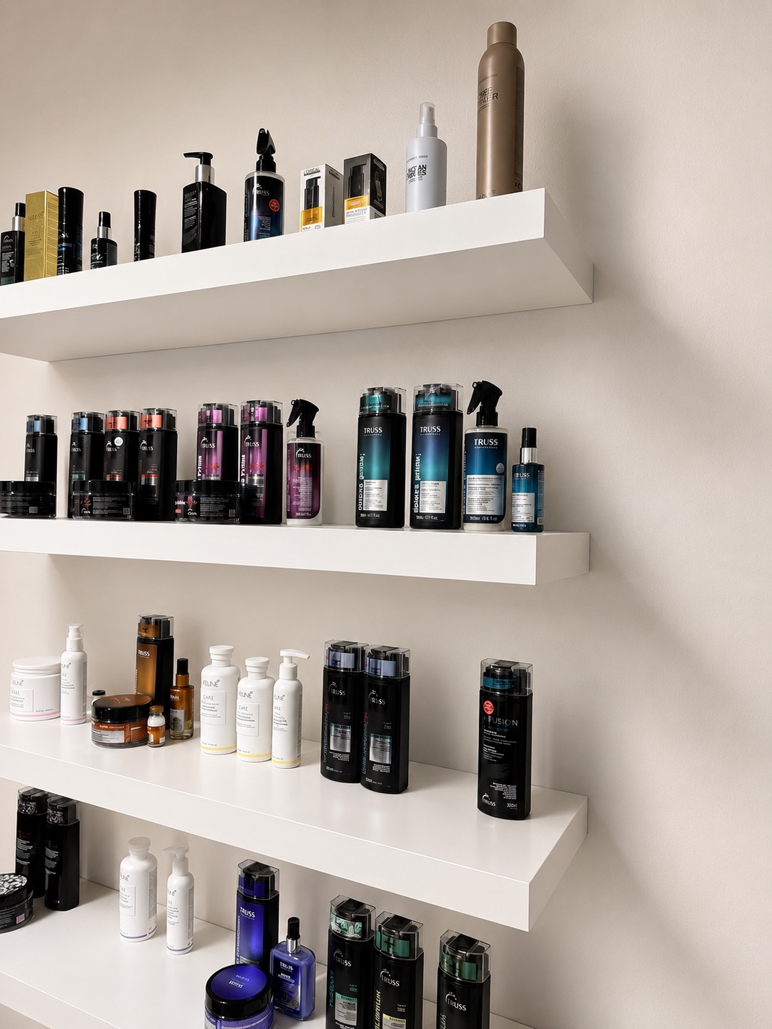 Full view of professional haircare products arranged on the CRIS HAIR studio shelves