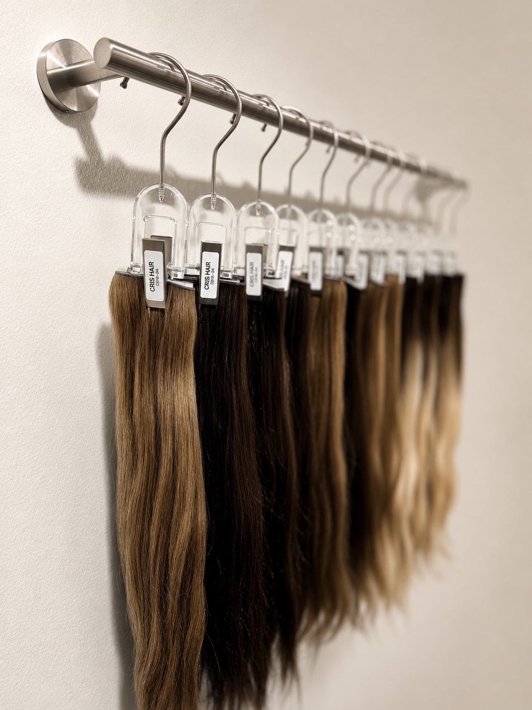 Editorial close-up of professional hair extensions displayed in the studio